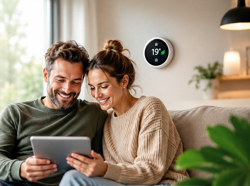 Koppel op de bank bekijkt samen hun energieverbruik en besparingen op een tablet, thuis in de woonkamer.