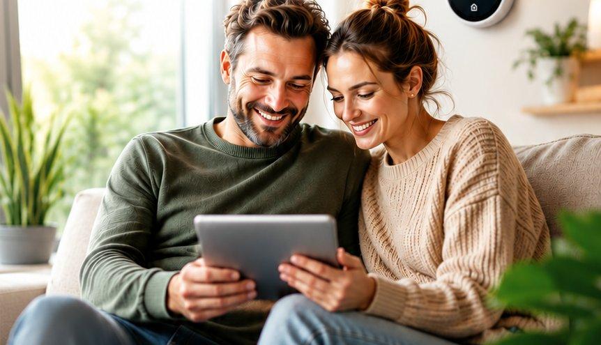 Koppel op de bank bekijkt samen hun energieverbruik en besparingen op een tablet, thuis in de woonkamer.